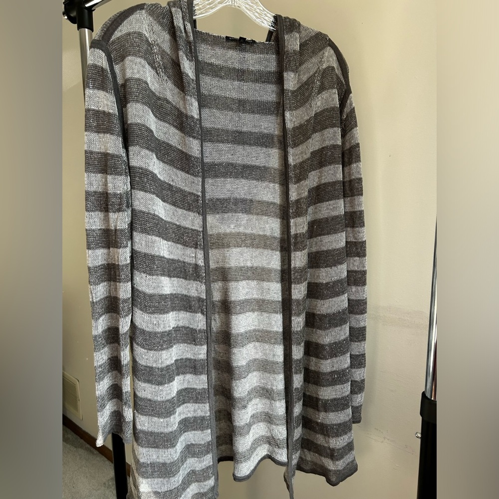 Eileen Fisher Hooded Sweater Cardigan Stripe SP 100% Organic Linen  Knit Top